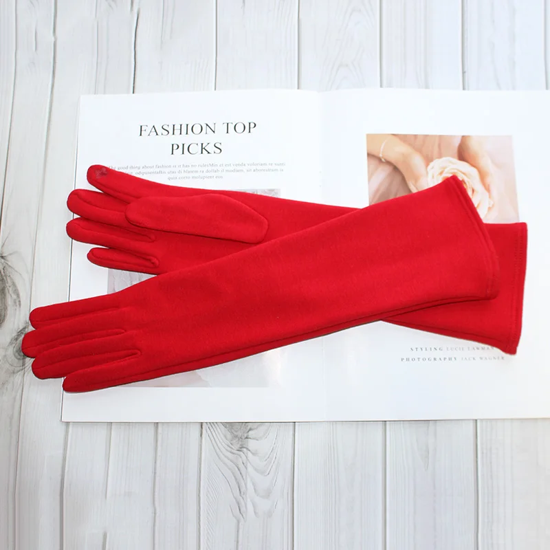 Long Gloves Women's Knitted Cotton Elastic Sun Protection Fashion Simple Brushed Lining Autumn and Winter Warm Sleeves