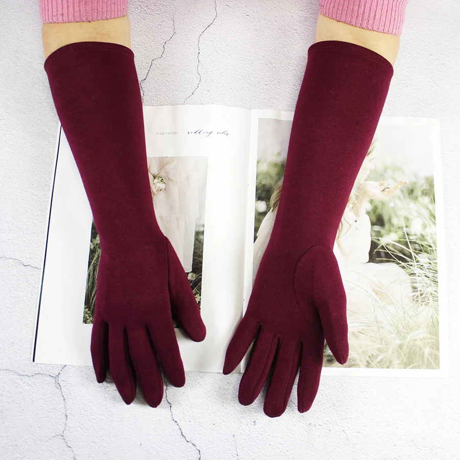Long Gloves Women's Knitted Cotton Elastic Sun Protection Fashion Simple Brushed Lining Autumn and Winter Warm Sleeves