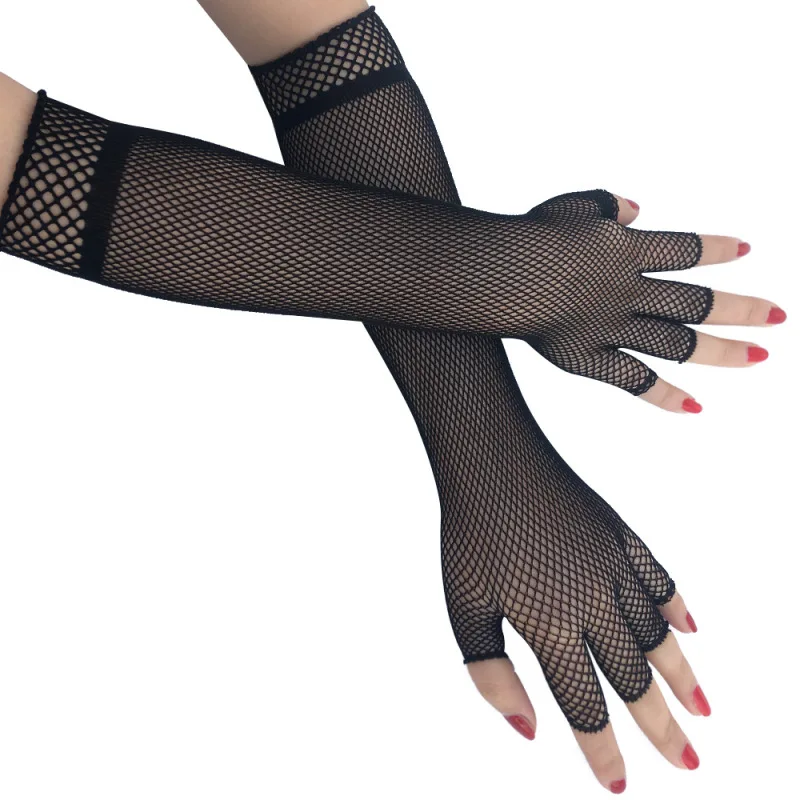 Women Retro Style Satin Half Finger Gloves Masquerade Cosplay Sexy Mesh Fishnet Fashion Personality Solid Stage Performance