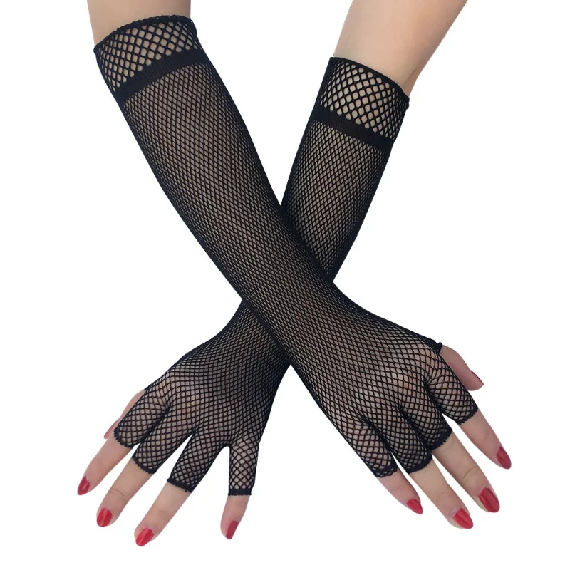 Women Retro Style Satin Half Finger Gloves Masquerade Cosplay Sexy Mesh Fishnet Fashion Personality Solid Stage Performance