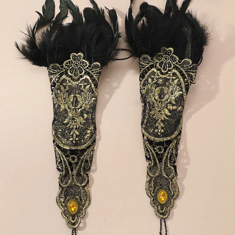Gothic Feather Gold Lace Long Glove Bracelet Women Party Sexy Fingerless Gloves Exaggerated Lace Fishnet Gloves Accessories