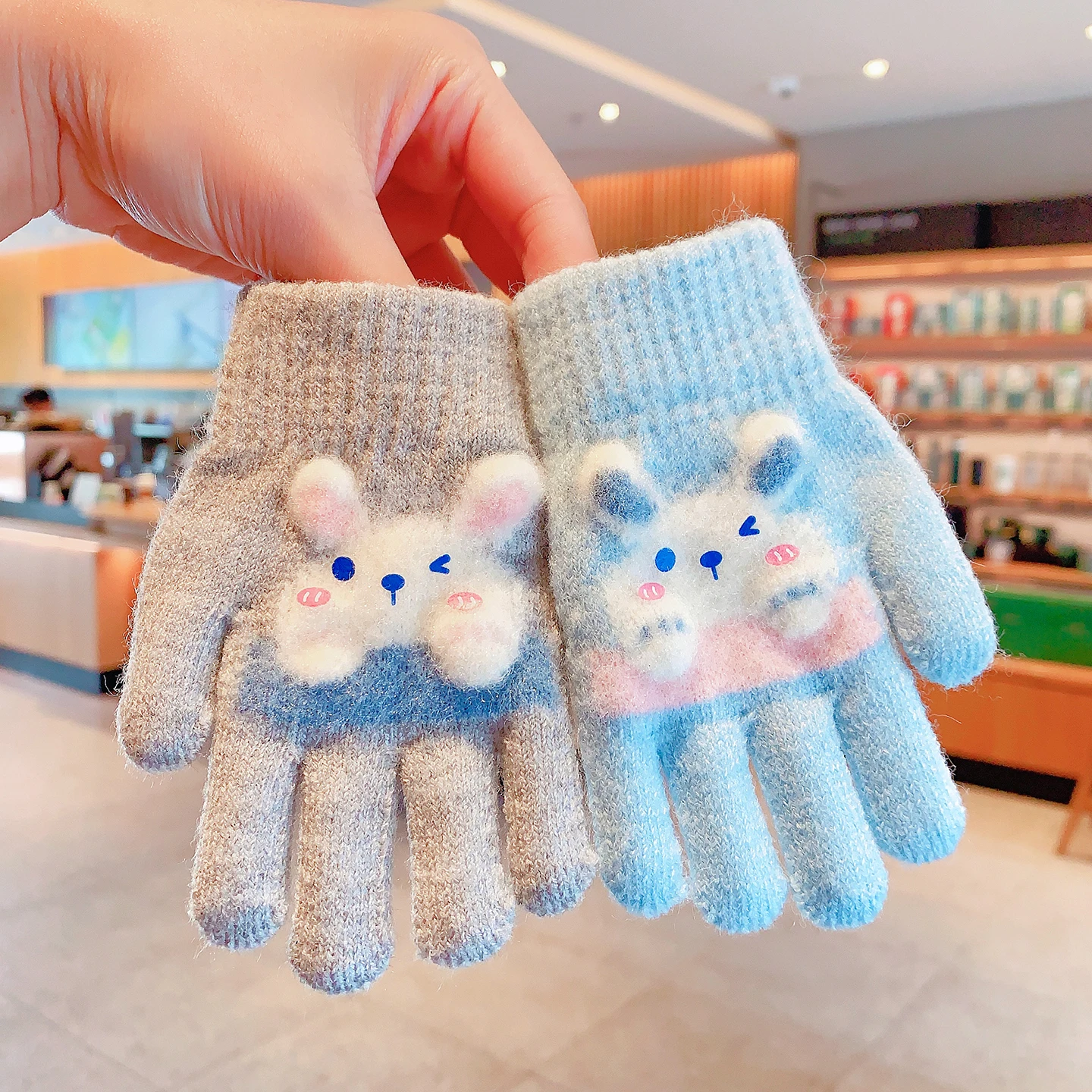 New Winter 3D Cartoon Rabbit Gloves For Girls Boys Soft Knitted Elastic Cuff Warm Windproof Toddler Gloves Children Accessories