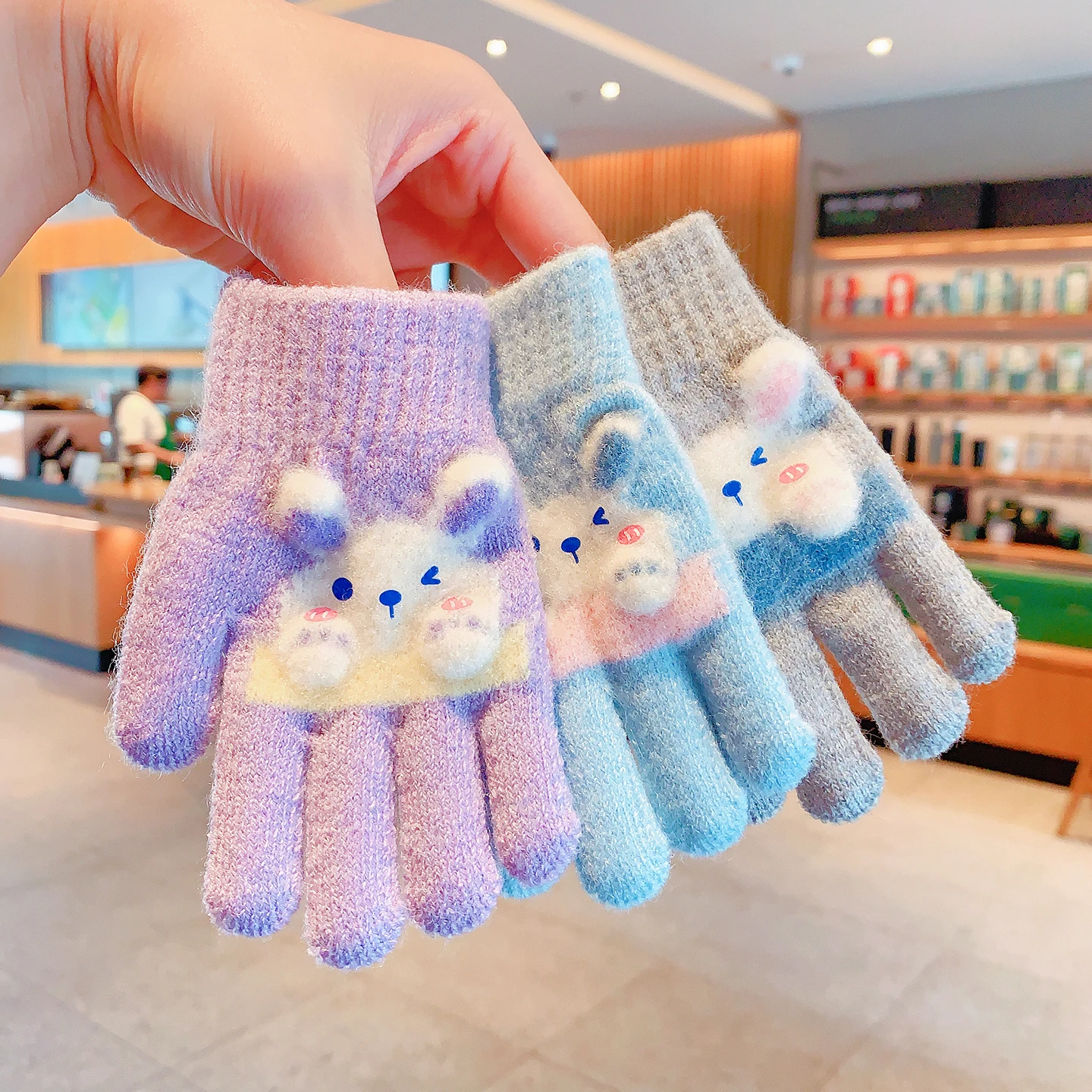 New Winter 3D Cartoon Rabbit Gloves For Girls Boys Soft Knitted Elastic Cuff Warm Windproof Toddler Gloves Children Accessories