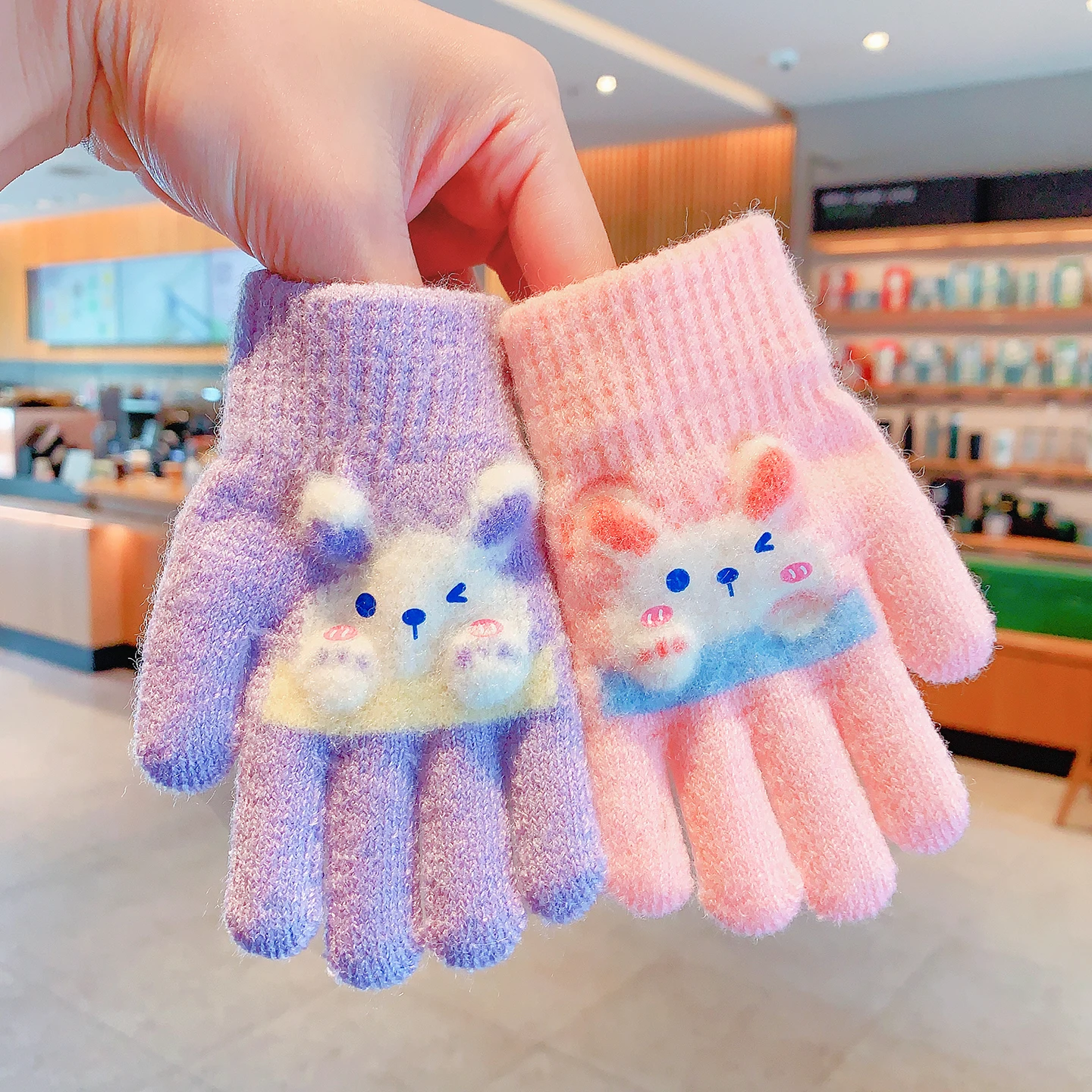 New Winter 3D Cartoon Rabbit Gloves For Girls Boys Soft Knitted Elastic Cuff Warm Windproof Toddler Gloves Children Accessories