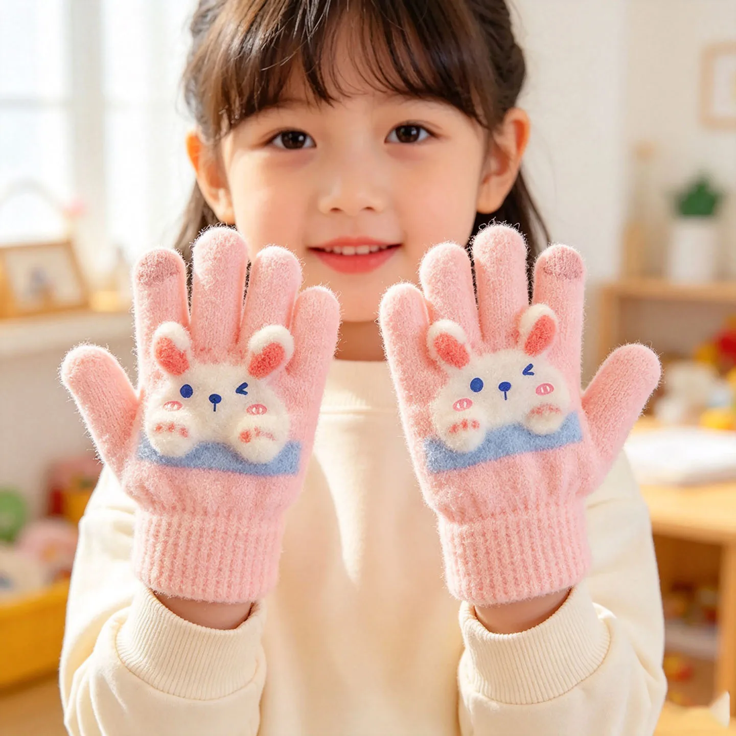 New Winter 3D Cartoon Rabbit Gloves For Girls Boys Soft Knitted Elastic Cuff Warm Windproof Toddler Gloves Children Accessories