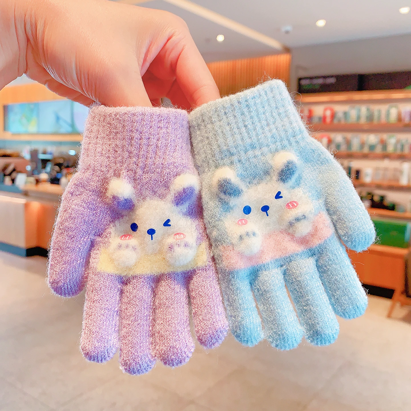 New Winter 3D Cartoon Rabbit Gloves For Girls Boys Soft Knitted Elastic Cuff Warm Windproof Toddler Gloves Children Accessories
