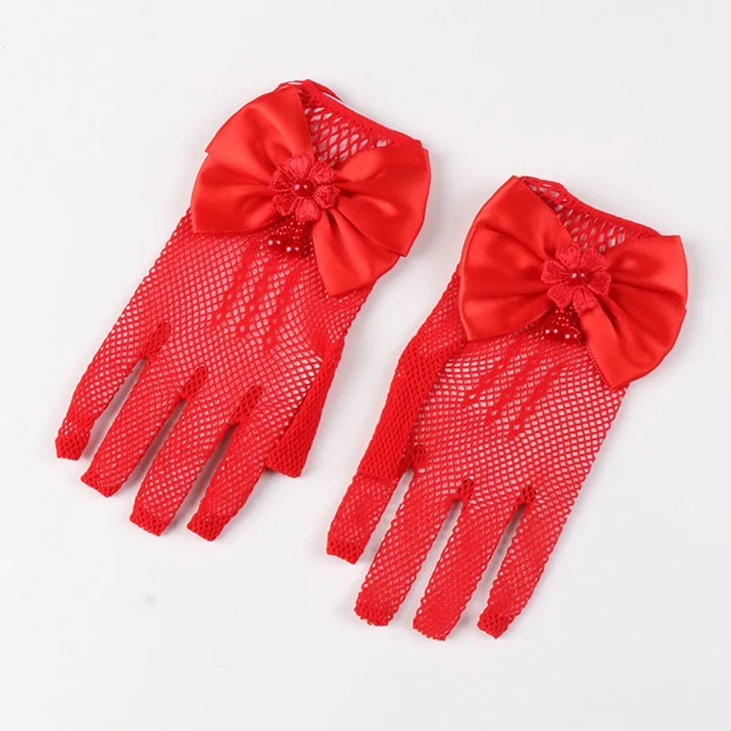 Kids Party Lace Pearl Fishnet Gloves Communion Flower Girl Party Gloves Children's Glove High Elasticity Mesh Bow Gloves