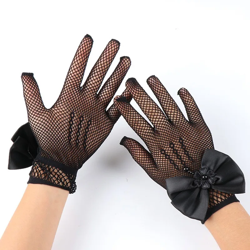 Kids Party Lace Pearl Fishnet Gloves Communion Flower Girl Party Gloves Children's Glove High Elasticity Mesh Bow Gloves