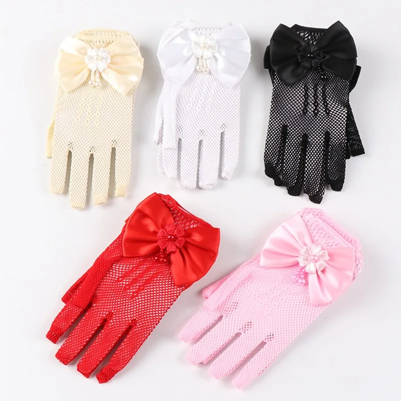 Kids Party Lace Pearl Fishnet Gloves Communion Flower Girl Party Gloves Children's Glove High Elasticity Mesh Bow Gloves