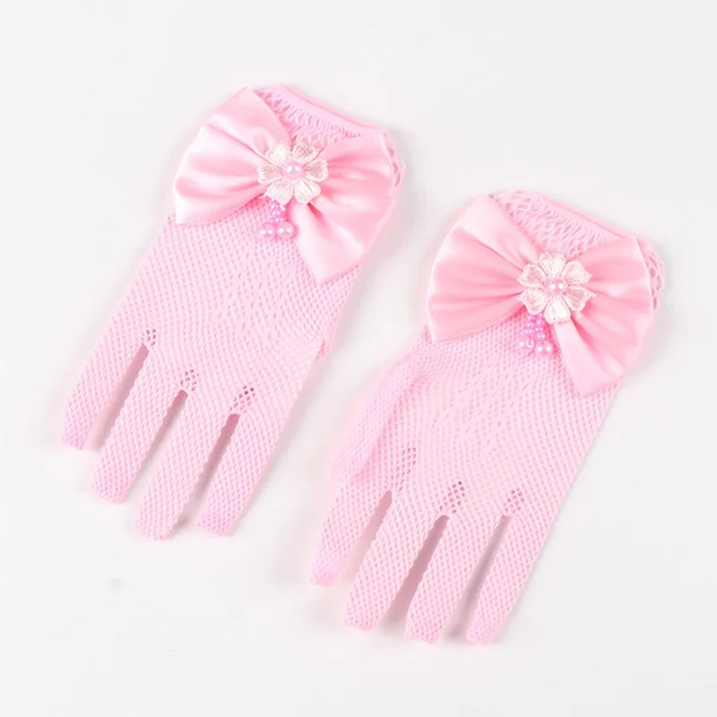 Kids Party Lace Pearl Fishnet Gloves Communion Flower Girl Party Gloves Children's Glove High Elasticity Mesh Bow Gloves