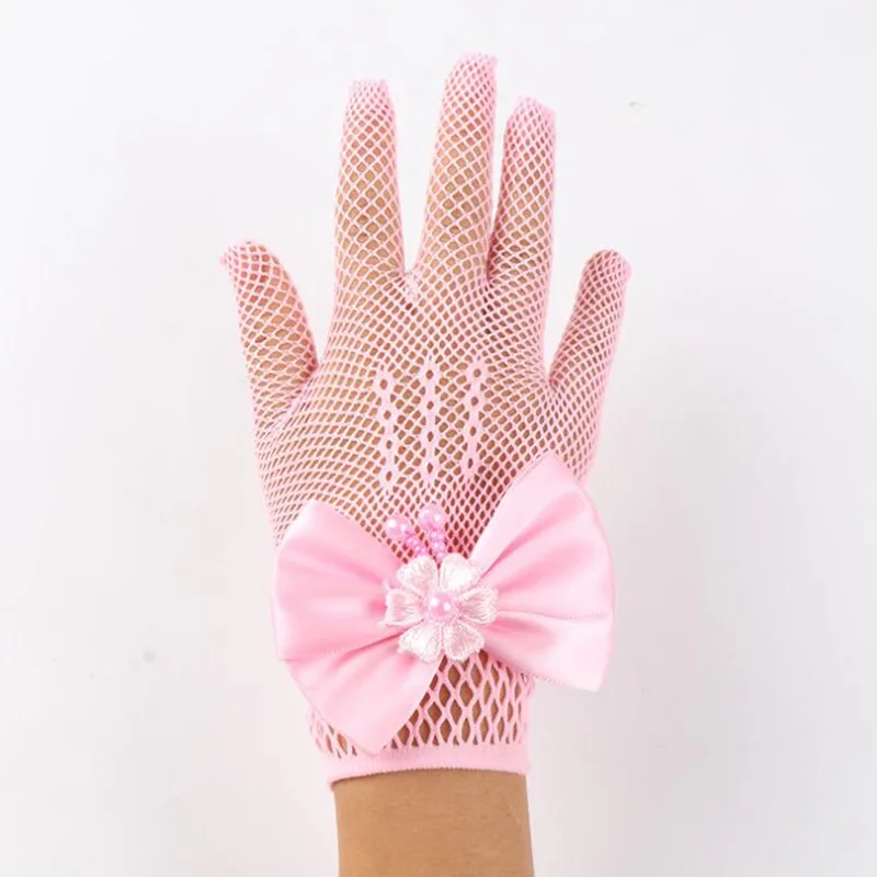 Kids Party Lace Pearl Fishnet Gloves Communion Flower Girl Party Gloves Children's Glove High Elasticity Mesh Bow Gloves