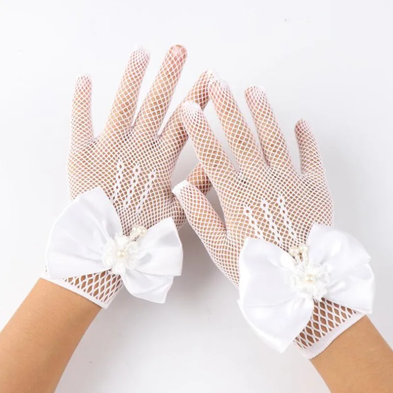 Kids Party Lace Pearl Fishnet Gloves Communion Flower Girl Party Gloves Children's Glove High Elasticity Mesh Bow Gloves