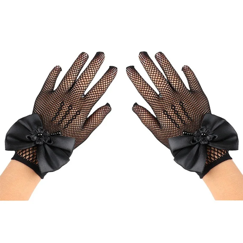 Kids Party Lace Pearl Fishnet Gloves Communion Flower Girl Party Gloves Children's Glove High Elasticity Mesh Bow Gloves