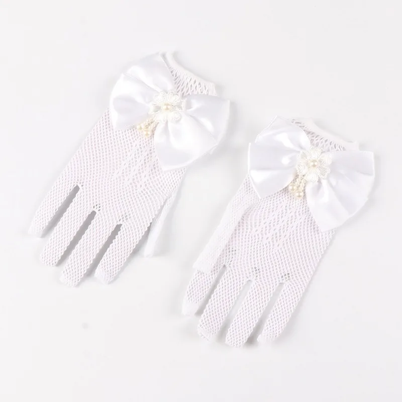 Kids Party Lace Pearl Fishnet Gloves Communion Flower Girl Party Gloves Children's Glove High Elasticity Mesh Bow Gloves