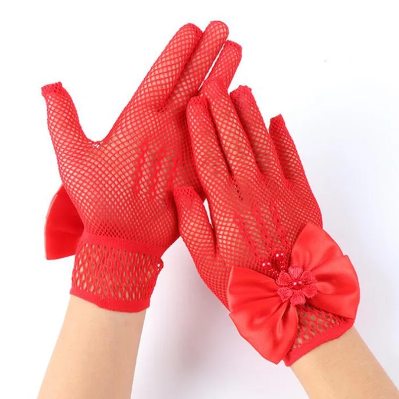 Kids Party Lace Pearl Fishnet Gloves Communion Flower Girl Party Gloves Children's Glove High Elasticity Mesh Bow Gloves