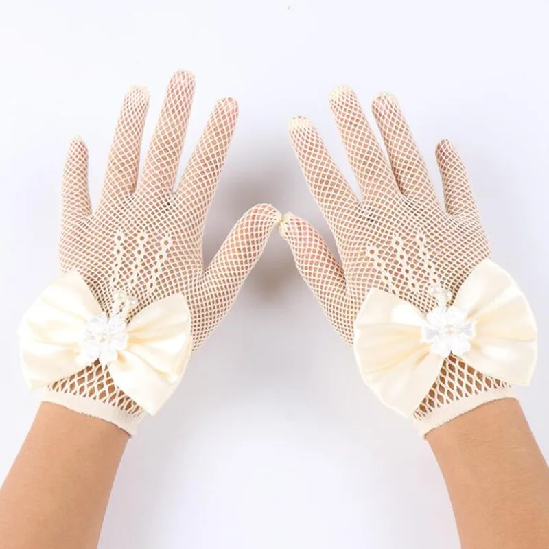 Kids Party Lace Pearl Fishnet Gloves Communion Flower Girl Party Gloves Children's Glove High Elasticity Mesh Bow Gloves