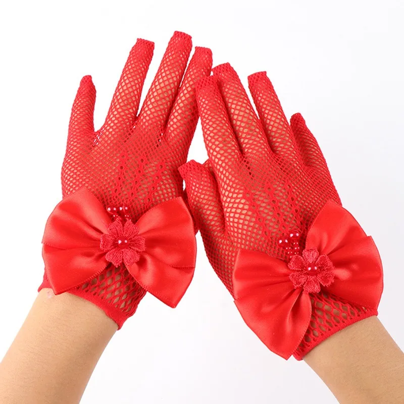 Kids Party Lace Pearl Fishnet Gloves Communion Flower Girl Party Gloves Children's Glove High Elasticity Mesh Bow Gloves