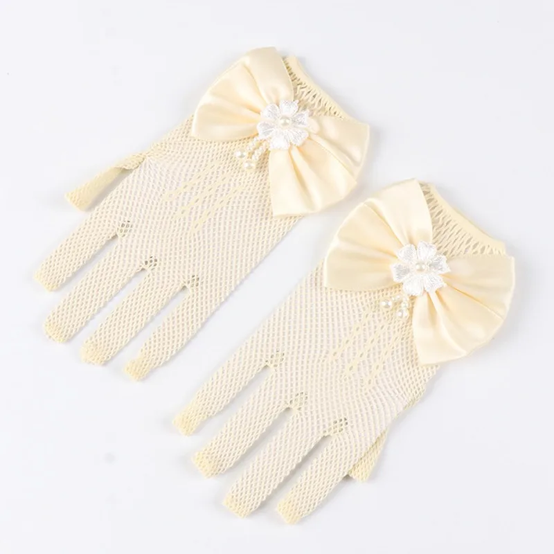 Kids Party Lace Pearl Fishnet Gloves Communion Flower Girl Party Gloves Children's Glove High Elasticity Mesh Bow Gloves