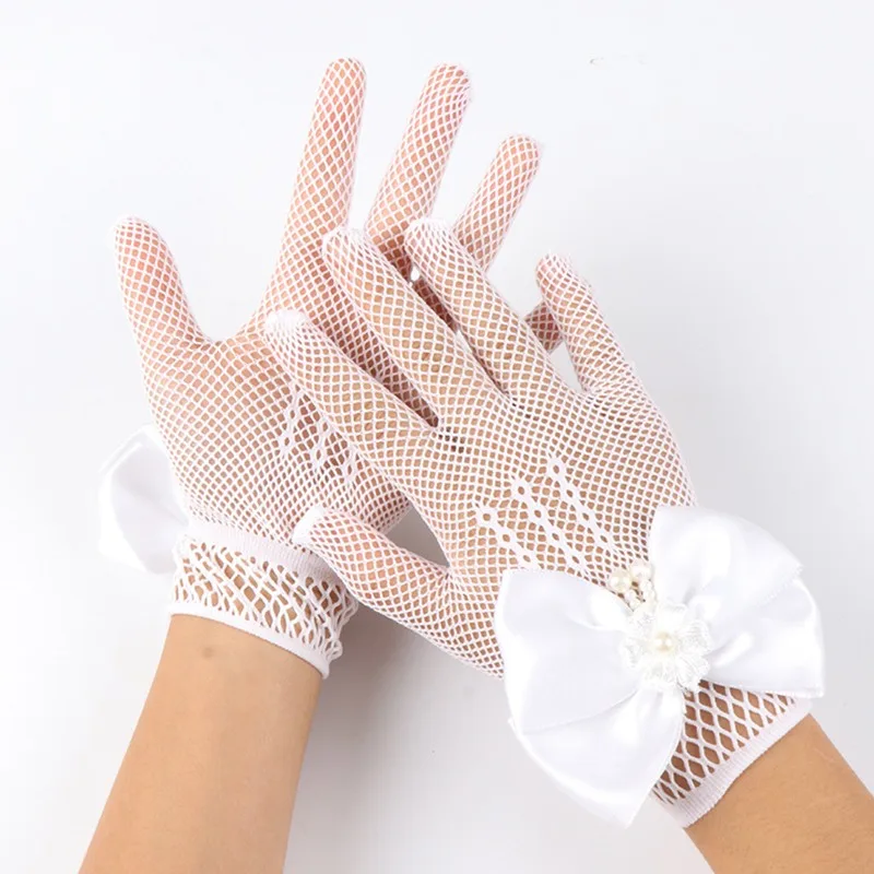Kids Party Lace Pearl Fishnet Gloves Communion Flower Girl Party Gloves Children's Glove High Elasticity Mesh Bow Gloves