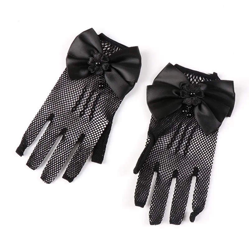 Kids Party Lace Pearl Fishnet Gloves Communion Flower Girl Party Gloves Children's Glove High Elasticity Mesh Bow Gloves