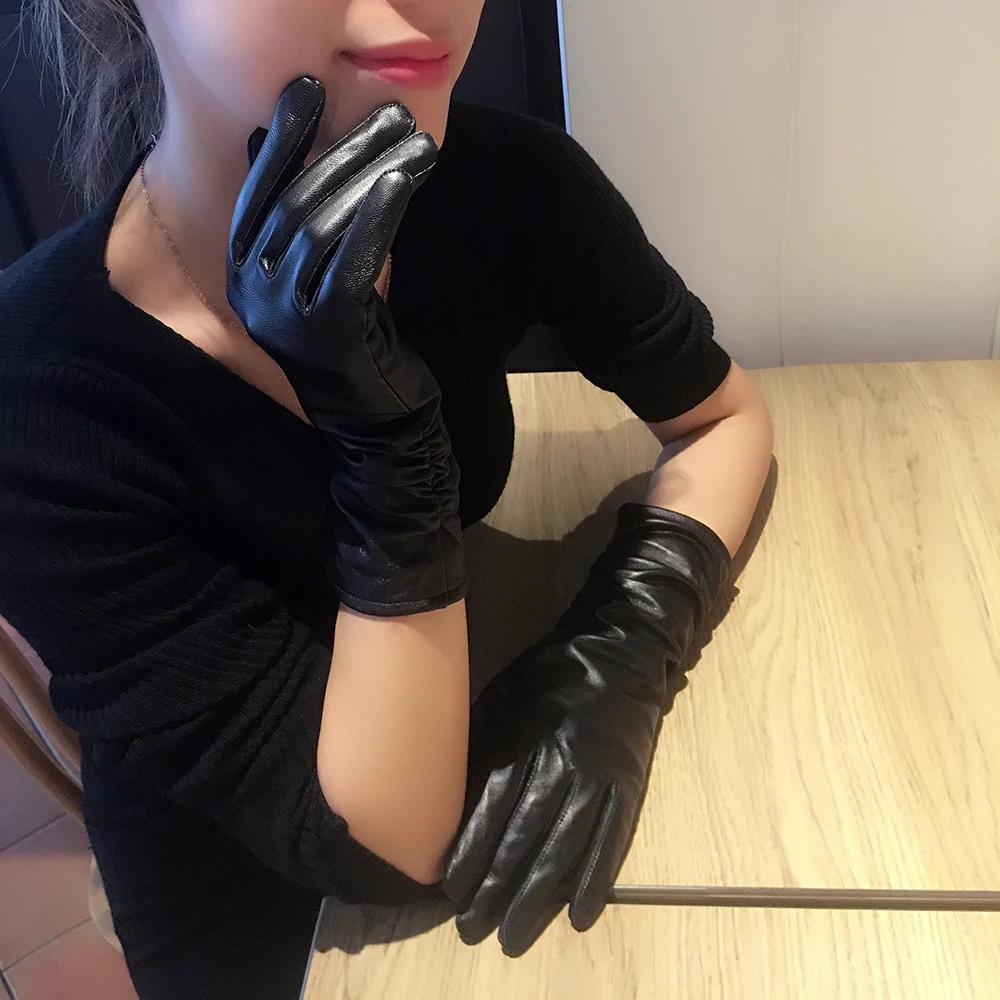 25cm Classic Pleated Genuine Leather Gloves Women Color Real Leather Gloves Sheepskin Leather Femal Winter Gloves