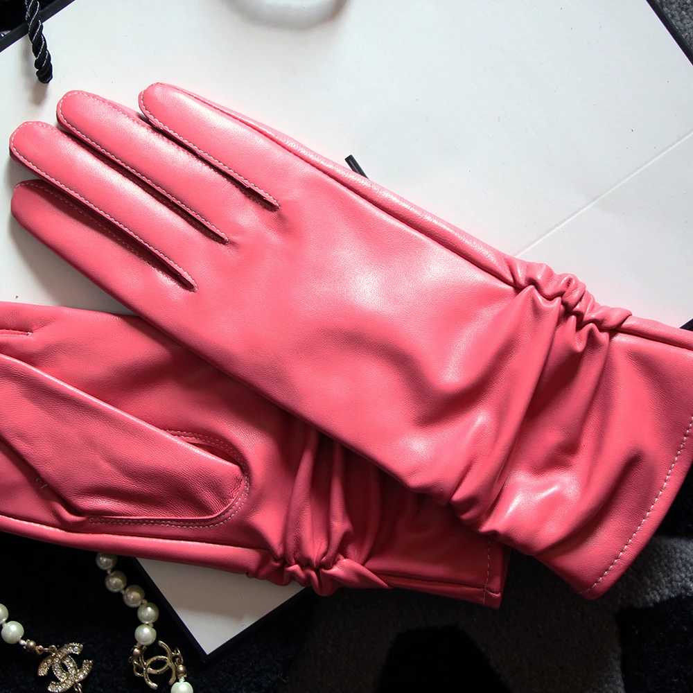25cm Classic Pleated Genuine Leather Gloves Women Color Real Leather Gloves Sheepskin Leather Femal Winter Gloves