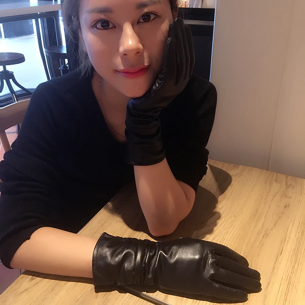 25cm Classic Pleated Genuine Leather Gloves Women Color Real Leather Gloves Sheepskin Leather Femal Winter Gloves