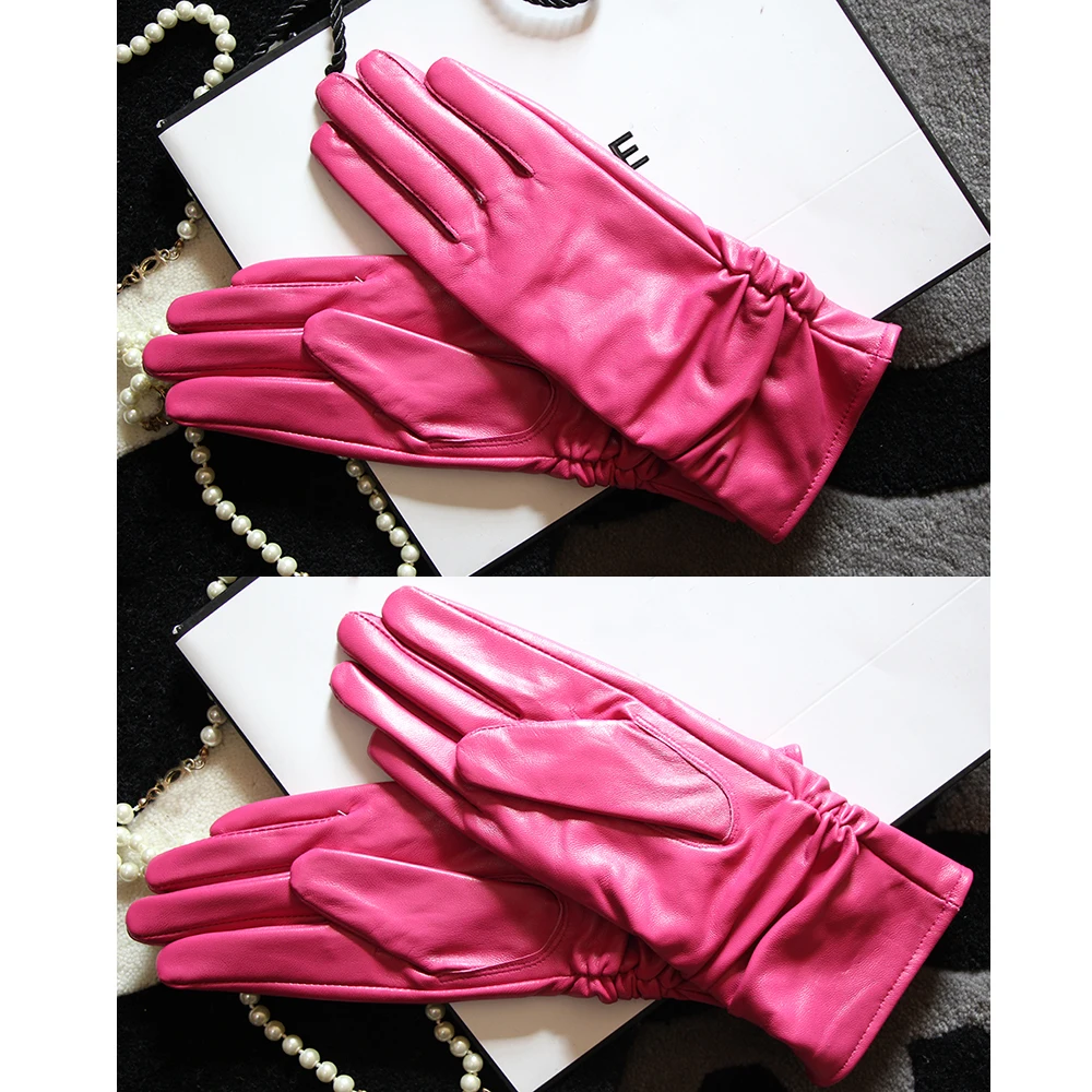 25cm Classic Pleated Genuine Leather Gloves Women Color Real Leather Gloves Sheepskin Leather Femal Winter Gloves