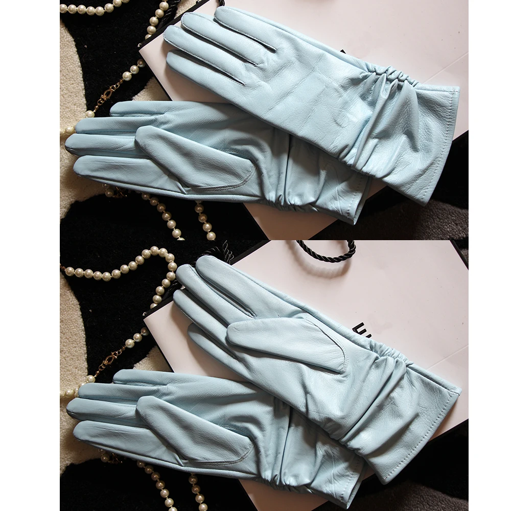 25cm Classic Pleated Genuine Leather Gloves Women Color Real Leather Gloves Sheepskin Leather Femal Winter Gloves