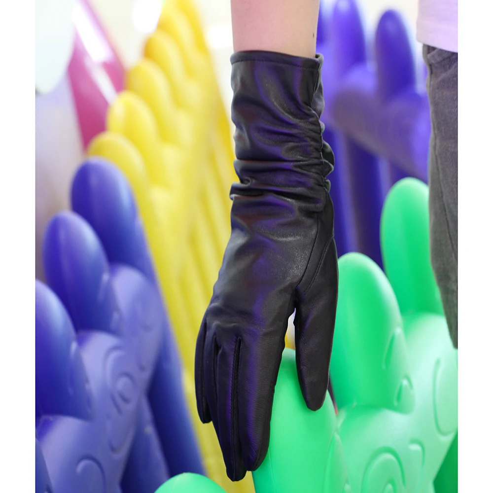 25cm Classic Pleated Genuine Leather Gloves Women Color Real Leather Gloves Sheepskin Leather Femal Winter Gloves