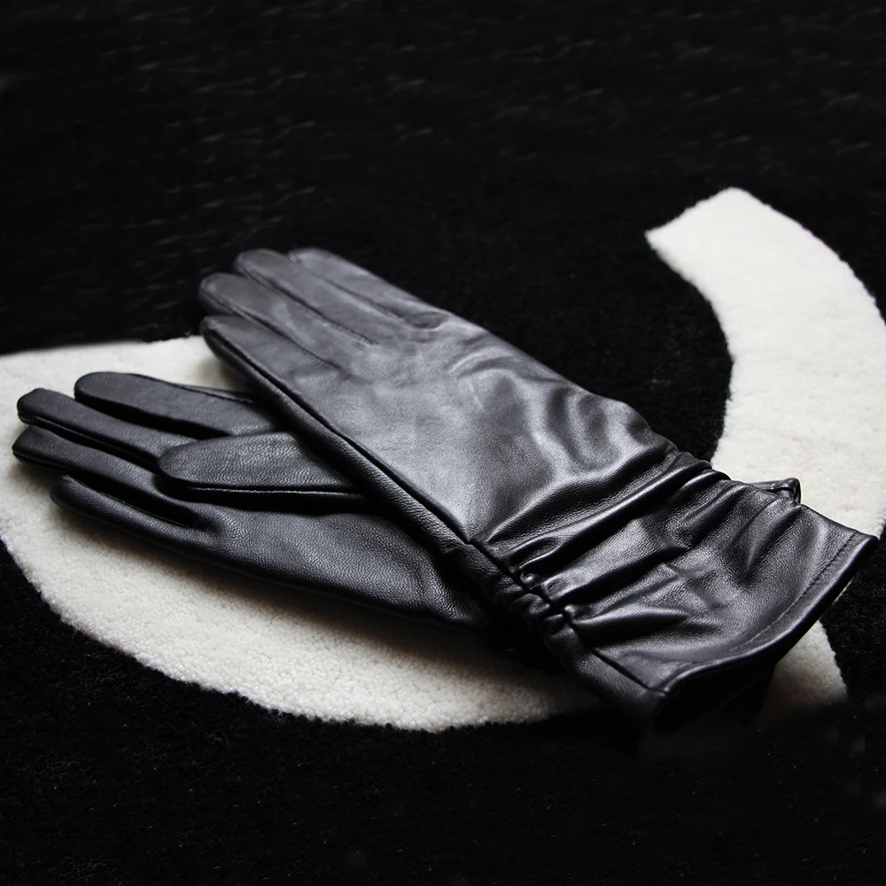 25cm Classic Pleated Genuine Leather Gloves Women Color Real Leather Gloves Sheepskin Leather Femal Winter Gloves