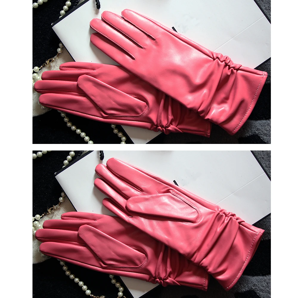 25cm Classic Pleated Genuine Leather Gloves Women Color Real Leather Gloves Sheepskin Leather Femal Winter Gloves