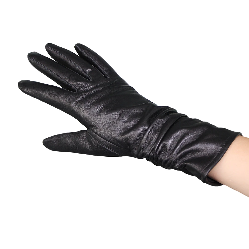 25cm Classic Pleated Genuine Leather Gloves Women Color Real Leather Gloves Sheepskin Leather Femal Winter Gloves