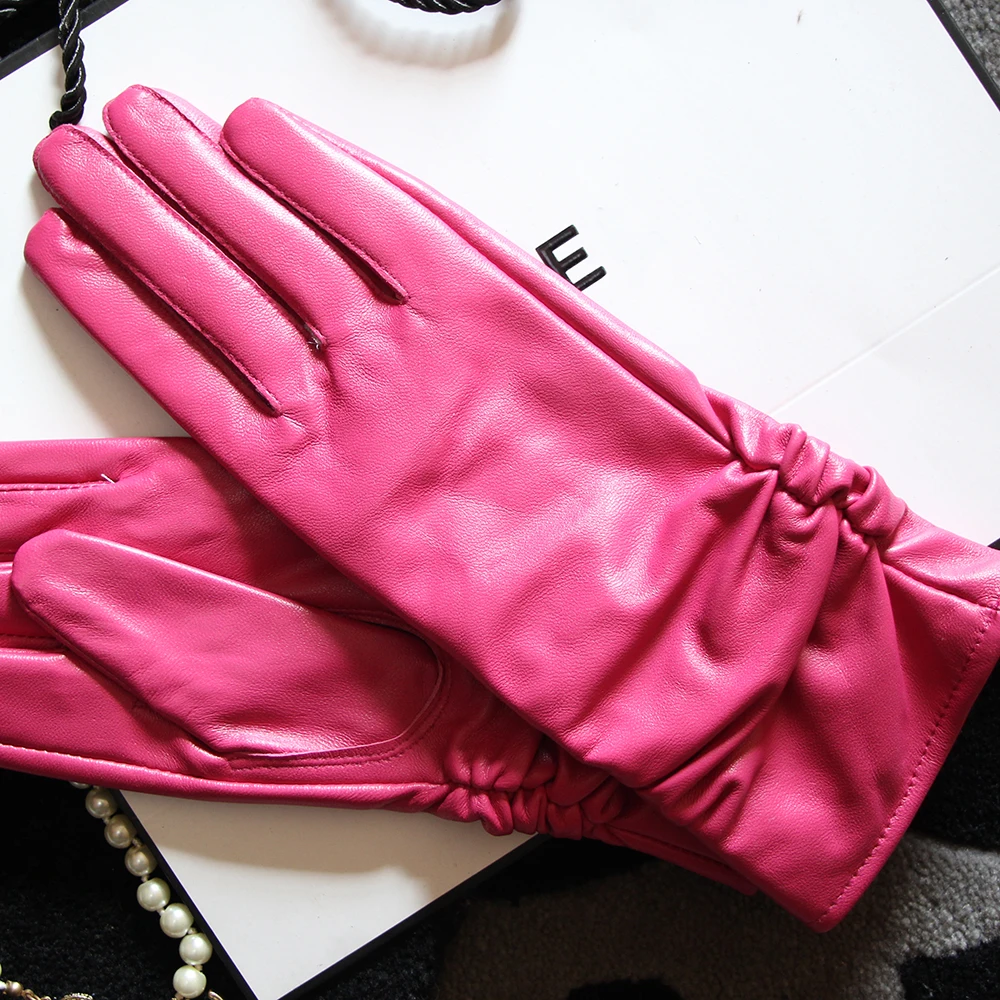 25cm Classic Pleated Genuine Leather Gloves Women Color Real Leather Gloves Sheepskin Leather Femal Winter Gloves