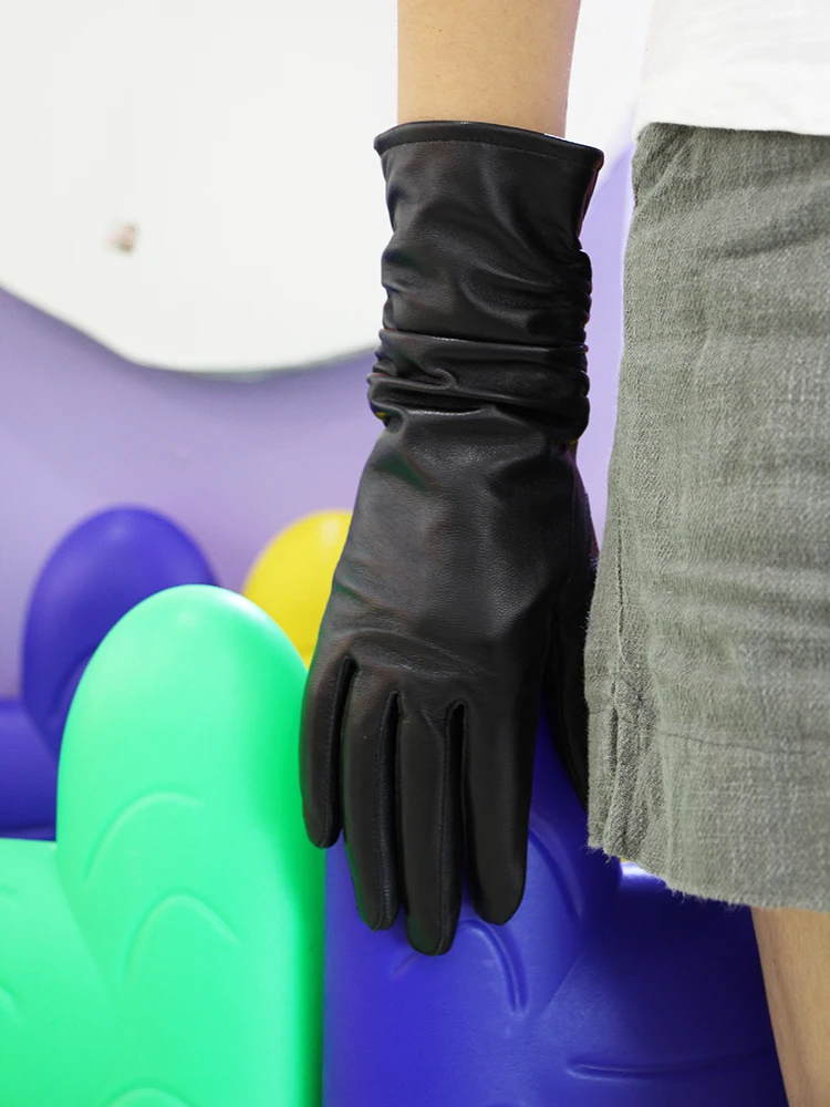 25cm Classic Pleated Genuine Leather Gloves Women Color Real Leather Gloves Sheepskin Leather Femal Winter Gloves