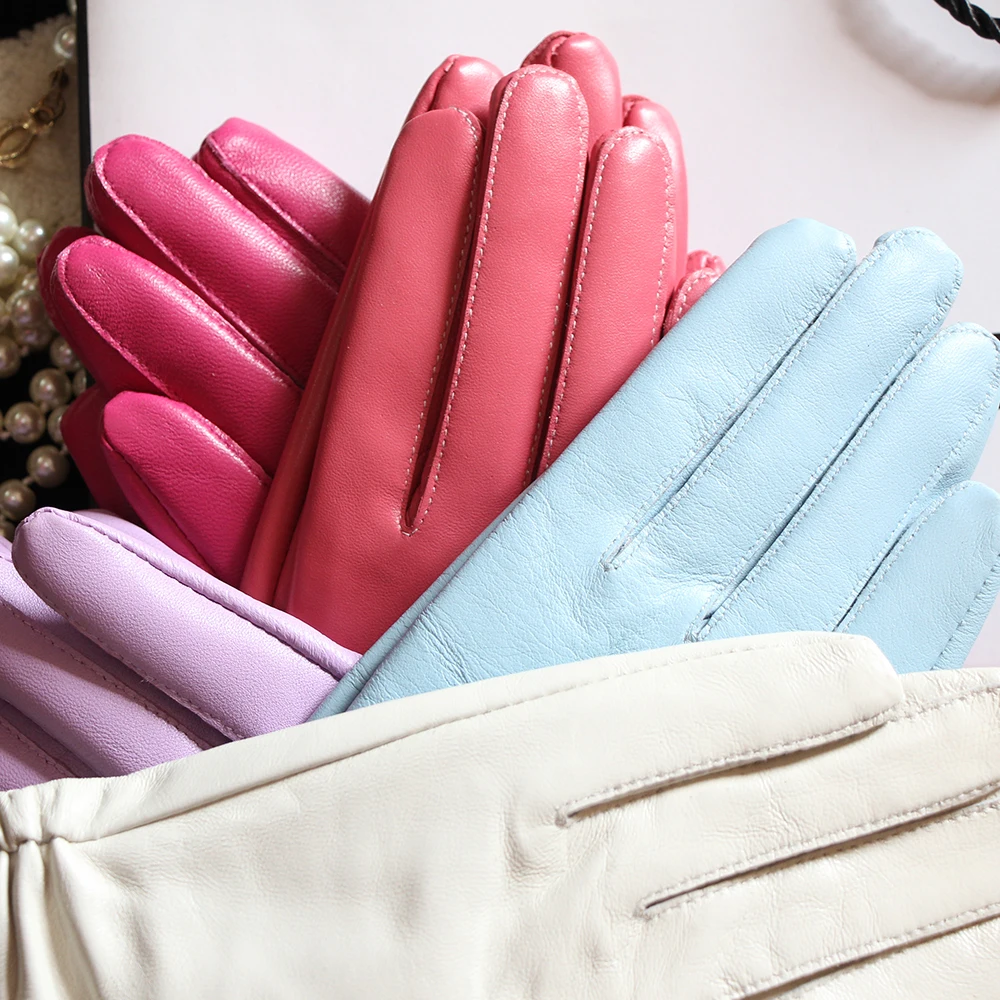 25cm Classic Pleated Genuine Leather Gloves Women Color Real Leather Gloves Sheepskin Leather Femal Winter Gloves