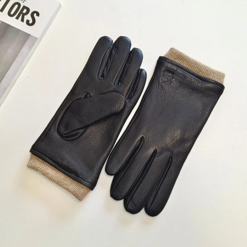 New Men's Deer Skin Gloves Warm Wool Knitted Lining Solid Color Driving Leather Gloves