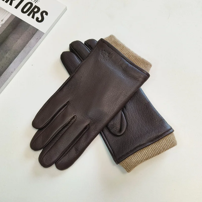 New Men's Deer Skin Gloves Warm Wool Knitted Lining Solid Color Driving Leather Gloves