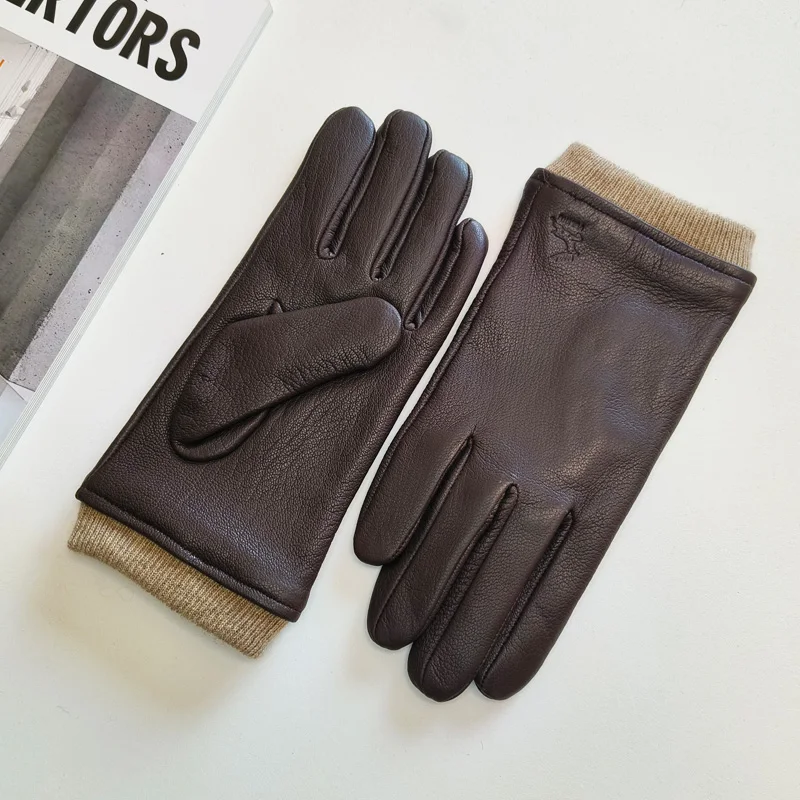 New Men's Deer Skin Gloves Warm Wool Knitted Lining Solid Color Driving Leather Gloves
