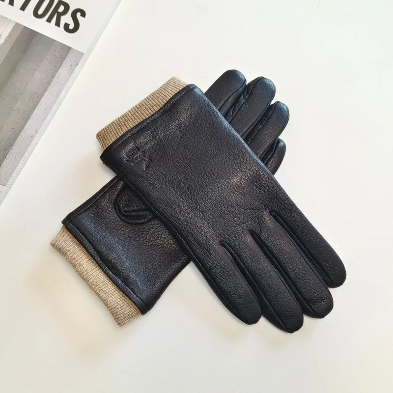 New Men's Deer Skin Gloves Warm Wool Knitted Lining Solid Color Driving Leather Gloves