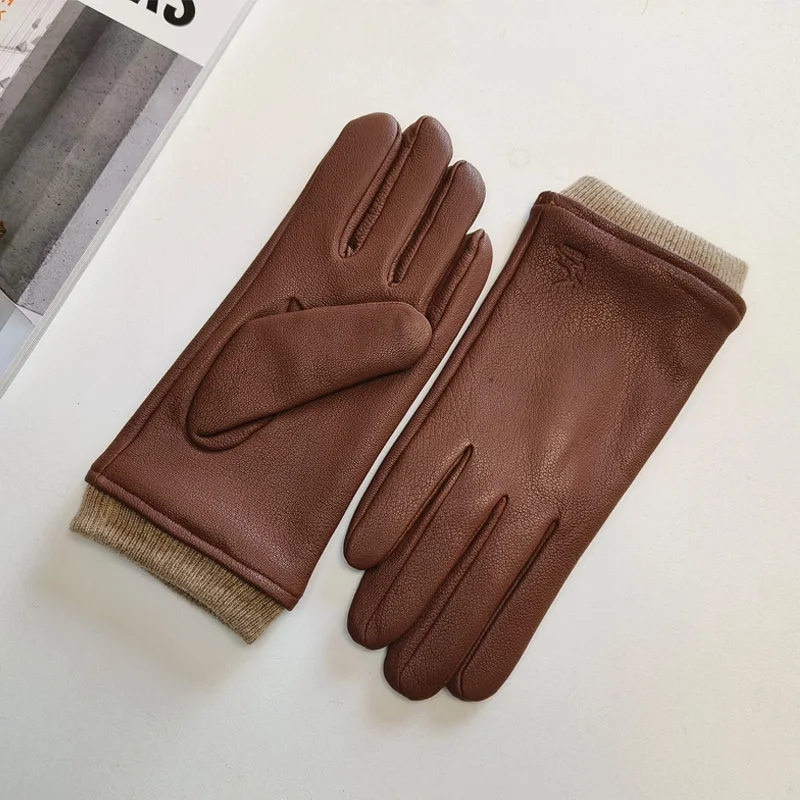 New Men's Deer Skin Gloves Warm Wool Knitted Lining Solid Color Driving Leather Gloves