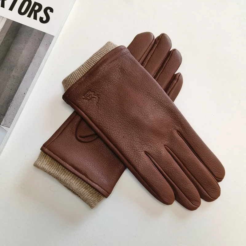 New Men's Deer Skin Gloves Warm Wool Knitted Lining Solid Color Driving Leather Gloves
