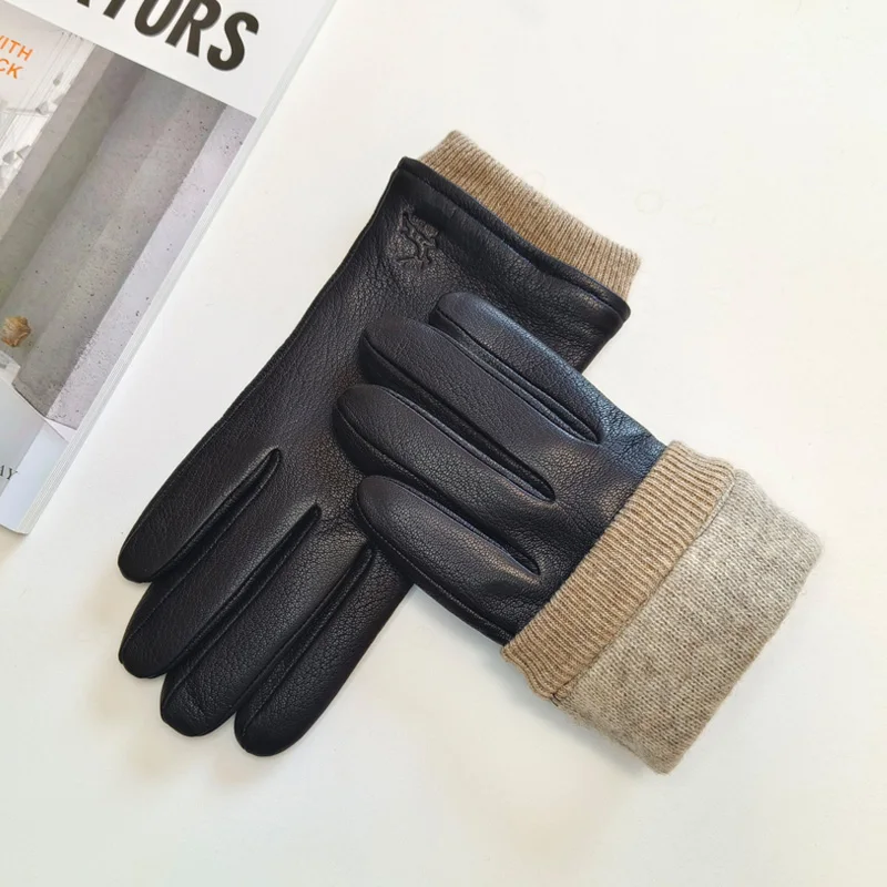 New Men's Deer Skin Gloves Warm Wool Knitted Lining Solid Color Driving Leather Gloves