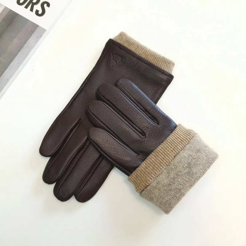 New Men's Deer Skin Gloves Warm Wool Knitted Lining Solid Color Driving Leather Gloves