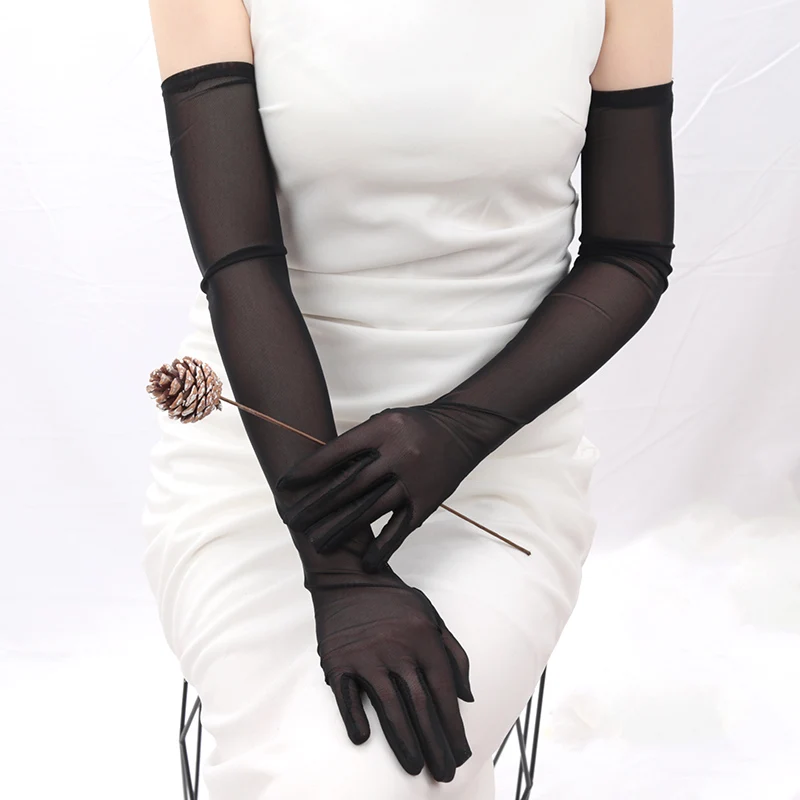 Elastic Transparent Sunscreen Sexy Driving Gloves Women Gloves Ultra Thin Dress Mittens Sheer Tulle 55cm Long Female Goth Gloves