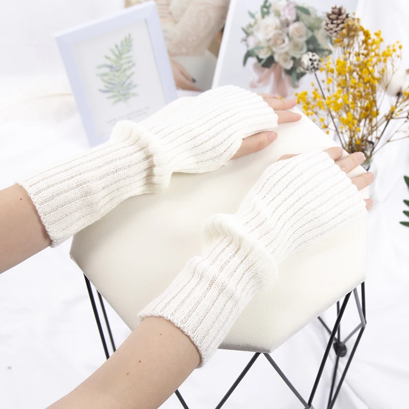 Long Fingerless Gloves Women Lolita Kawaii Cosplay Mitten Winter Warmer Knitted Arm Sleeve Casual Girls Punk Gothic Black Gloves