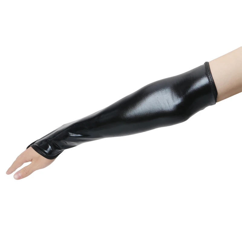 Sexy Long Black Metallic Feel Gloves Synthetic Leather Arm Sleeves Costume New