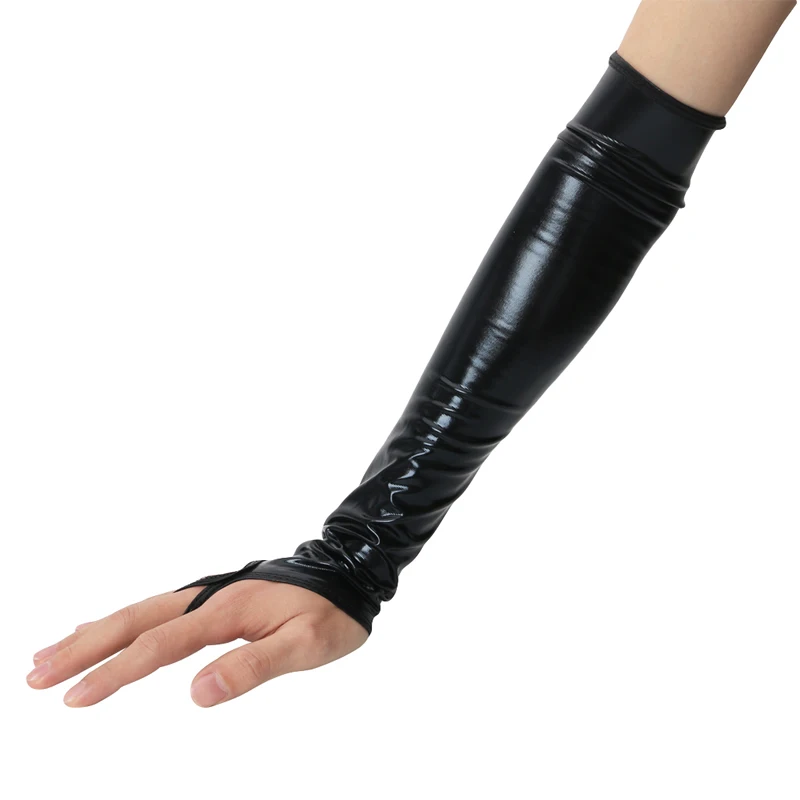 Sexy Long Black Metallic Feel Gloves Synthetic Leather Arm Sleeves Costume New