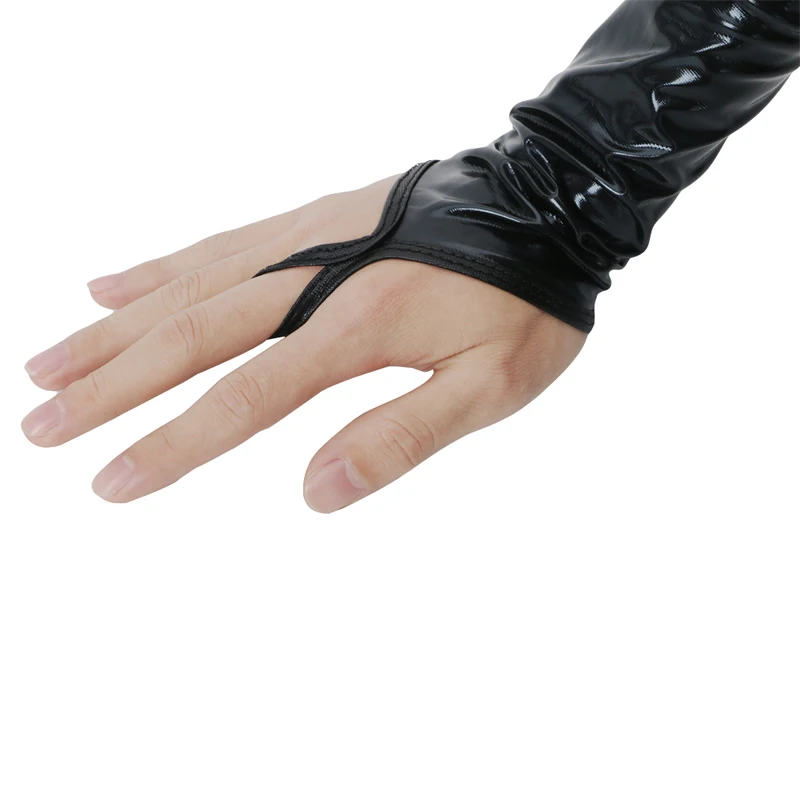 Sexy Long Black Metallic Feel Gloves Synthetic Leather Arm Sleeves Costume New
