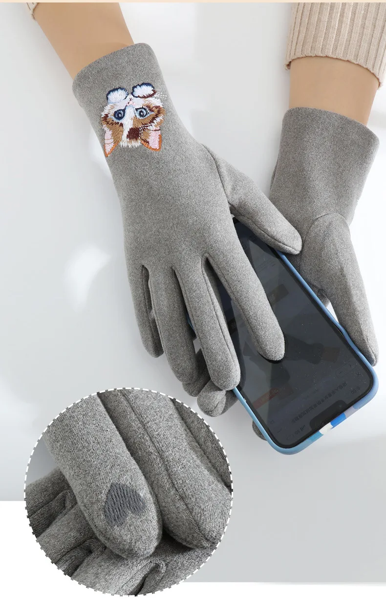 Cartoon Cat Embroidery Warm Gloves Women Winter Thick Cycling Driving Youth Students Fashion Cute Touch Screen Mittens Girl Gift